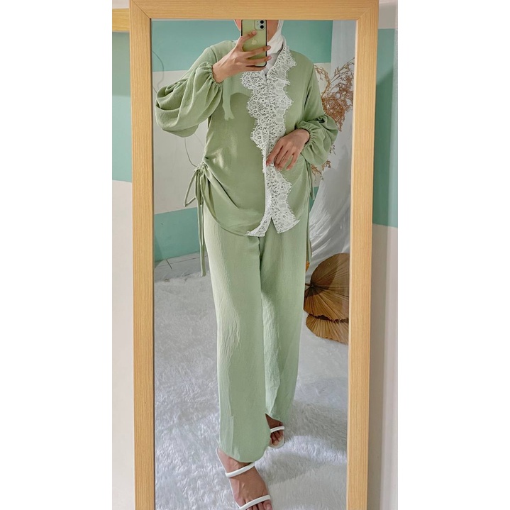 Gina Set Kondangan Celana Kulot Baju Pesta Polos Blouse Serut Atasan Brukat Oneset Crinkle Busui Friendly Setelan Muslim