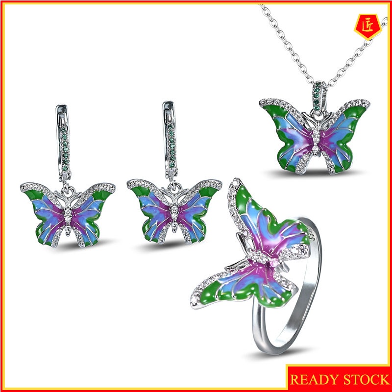 [Ready Stock]Elegant Colorful Butterfly Ring Earrings and Necklace Set