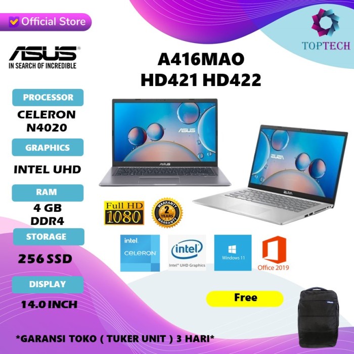 {MahesStore} Asus A416MAO HD421 HD422 - DUALCORE N4020 4GB 256ssd W10OHS BACKLITE - 4GB 256 FHD Mura