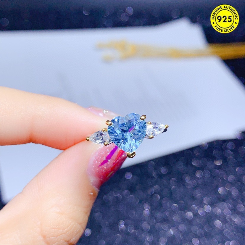 Cincin Batu Permata Topaz Biru Langit Bentuk Hati Model Terbuka