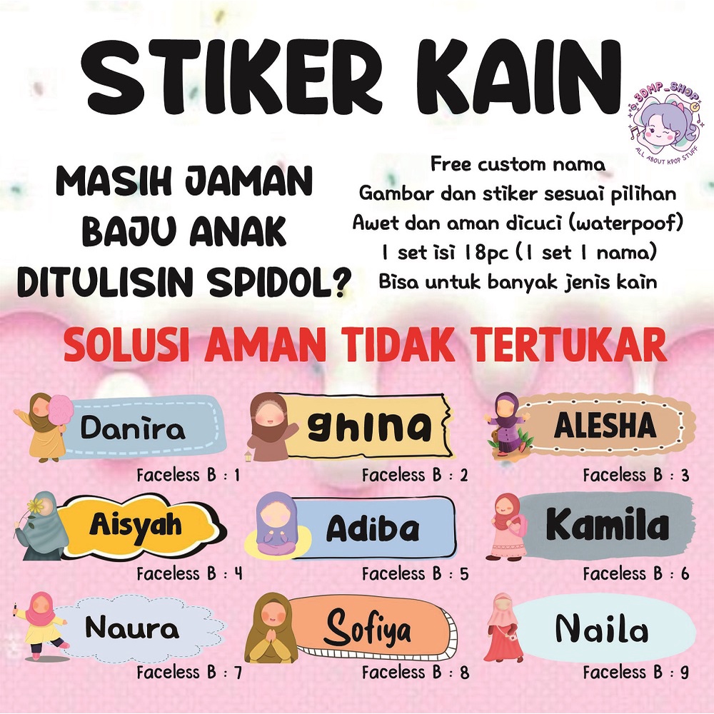 Stiker nama kain baju custom label sablon setrika laki laki perempuan gadis anak ice cream bt21 faceless