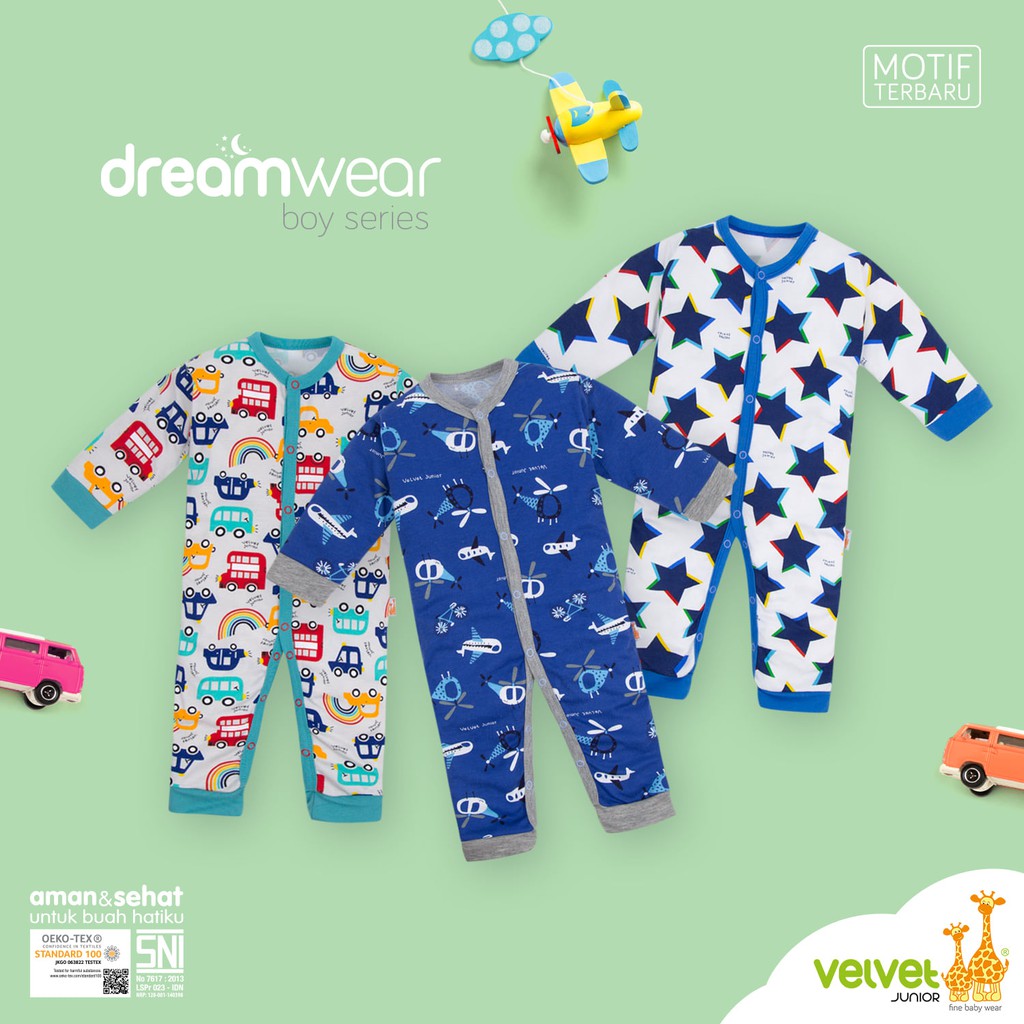 Sleepsuit Dreamwear / Activewear kodok segiempat dan kodok segitiga Velvet Junior size Nb SML