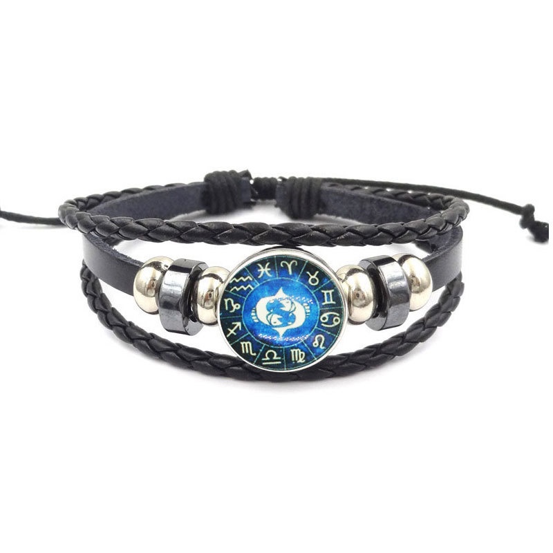 Gelang Kulit Kepang Dengan Kancing Desain 12 Zodiak Kanker Sagittarius Aquarius Libra Scorpio Gemini Gaya Punk Untuk Hadiah