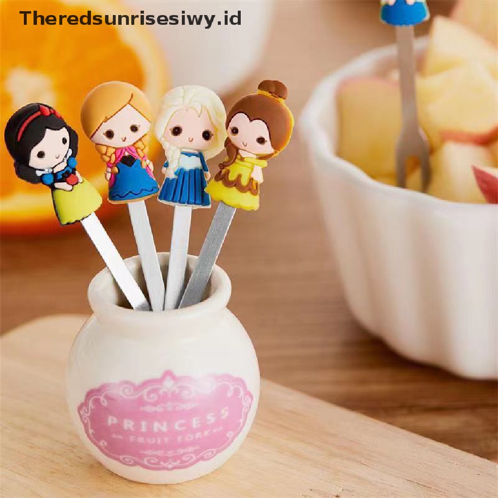 # Alat Pemotong Buah # 6pcs / set Garpu Buah Desain Kartun Princess Lucu Bahan Stainless Steel Dengan Holder