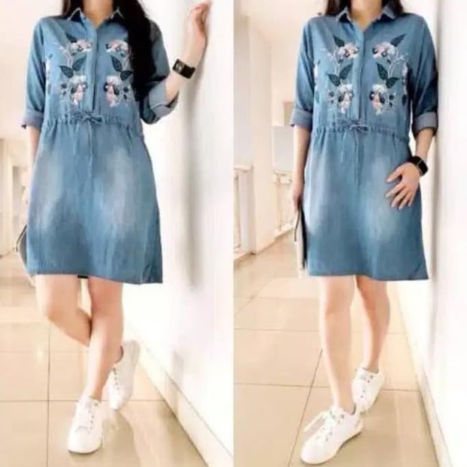 Diskon Baju Dress Tunik Wanita Jeans Levis Bordiran Bunga Tali Pinggang Serut Terbaru
