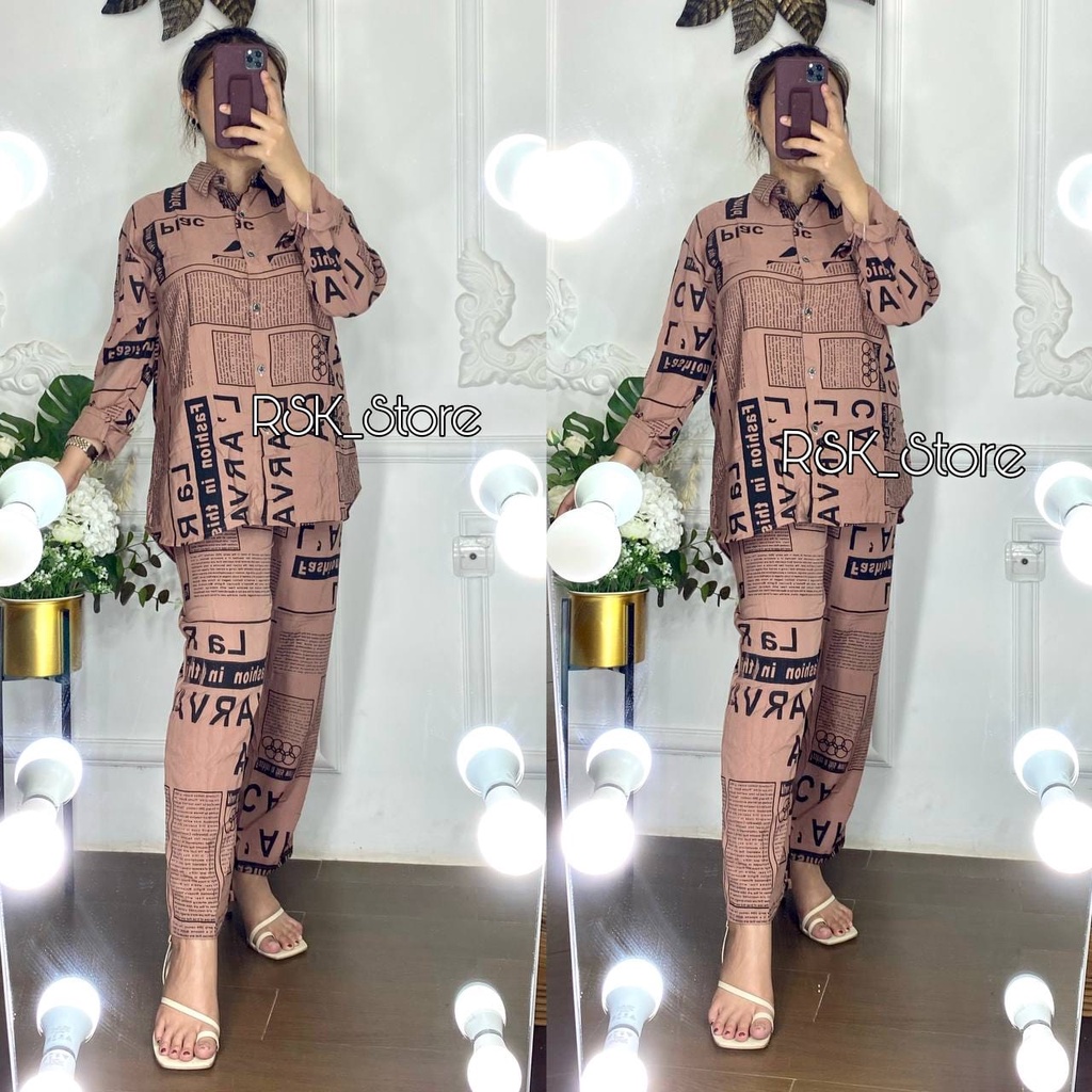 RSK-(BISA COD) Setelan Wanita Motif Koran - Set Rayon Termurah - One Set Kekinian-COKLAT KORAN