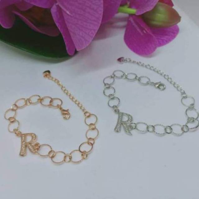 Fourfashion Gelang Tangan Huruf Abjad Inisial RING Ukir GOLD Perhiasan Wanita