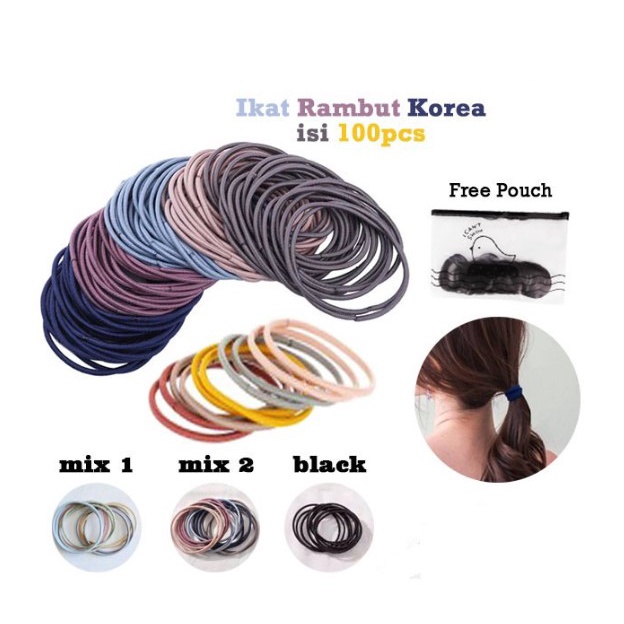 IKAT RAMBUT KOREA ISI 100 PCS + POUCH / IKAT RAMBUT KOREA I CAN SWIM ISI 100 PCS WARNA WARNI / AKSESORIS RAMBUT