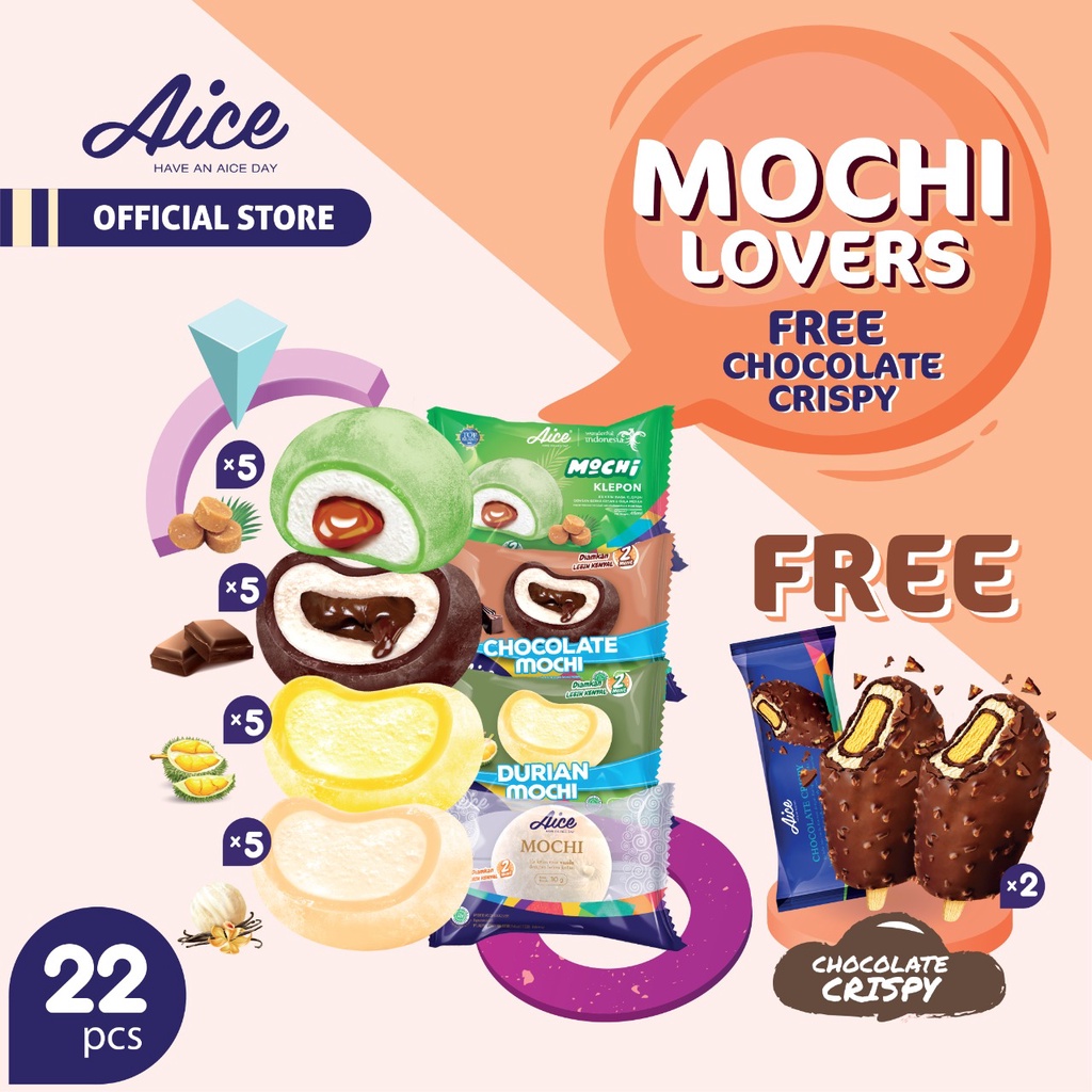 

Paket Aice Ice Cream Mochi Lovers Free Chocolate Crispy Isi 22 pcs