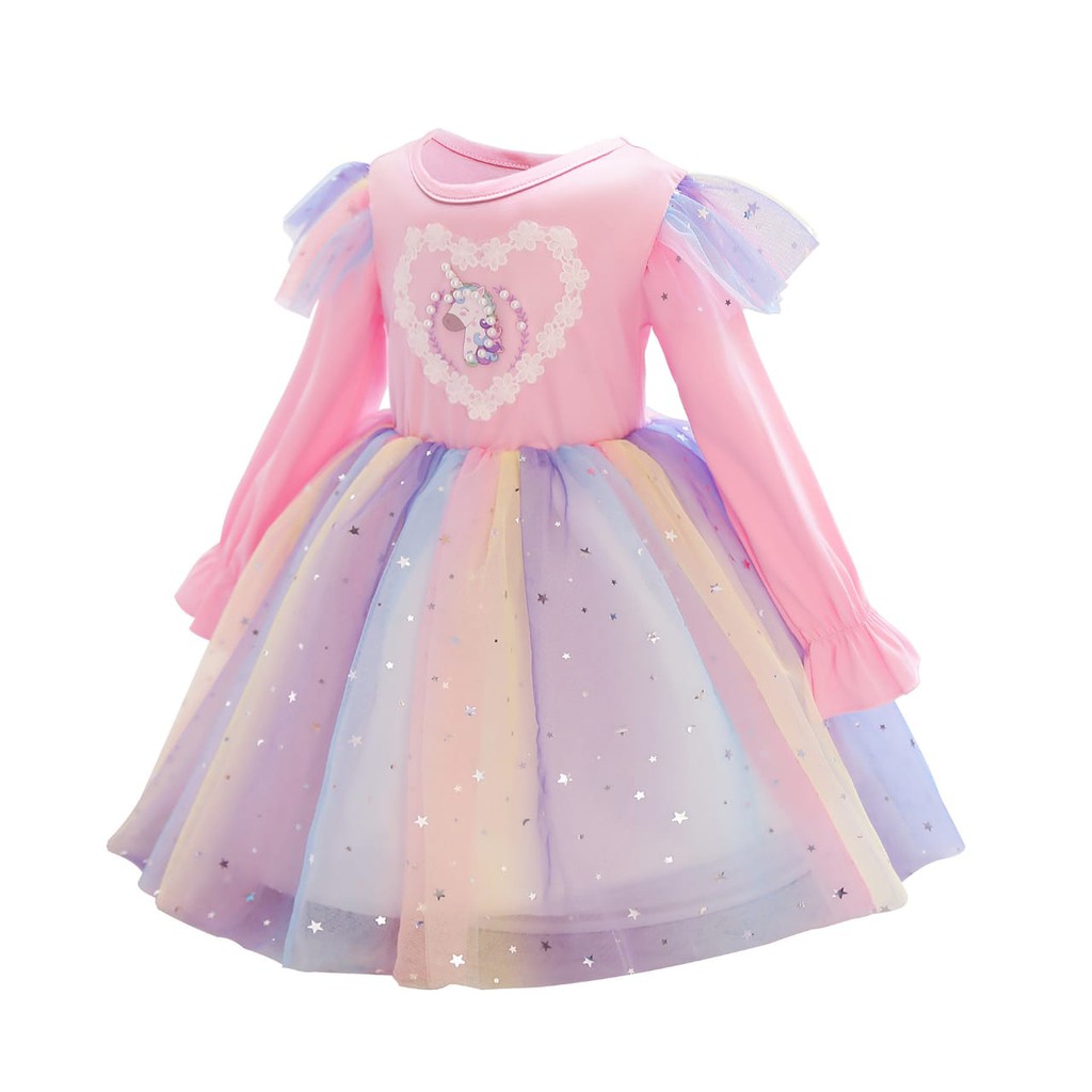 UNICORN HEART DRESS LENGAN PENDEK PANJANG / DRES PESTA RAINBOW / GAUN PRINCESS ANAK TUTU PELANGI