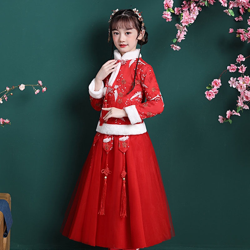 2021 new girls' cheongsam skirt autumn and winter Tang new year's clothes Plush thickened Chinese st