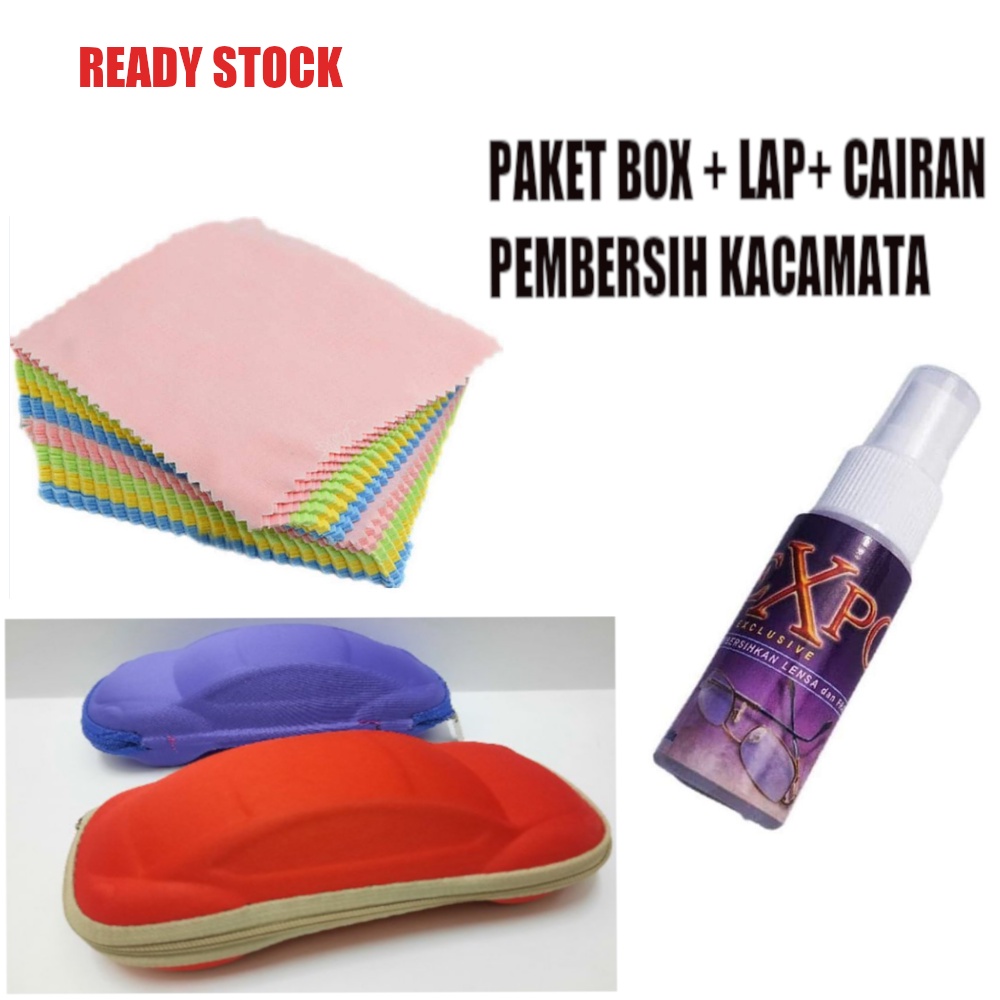 Promo kotak/Box Kacamata + Cairan pembersih Lensa + Lap Kacamata