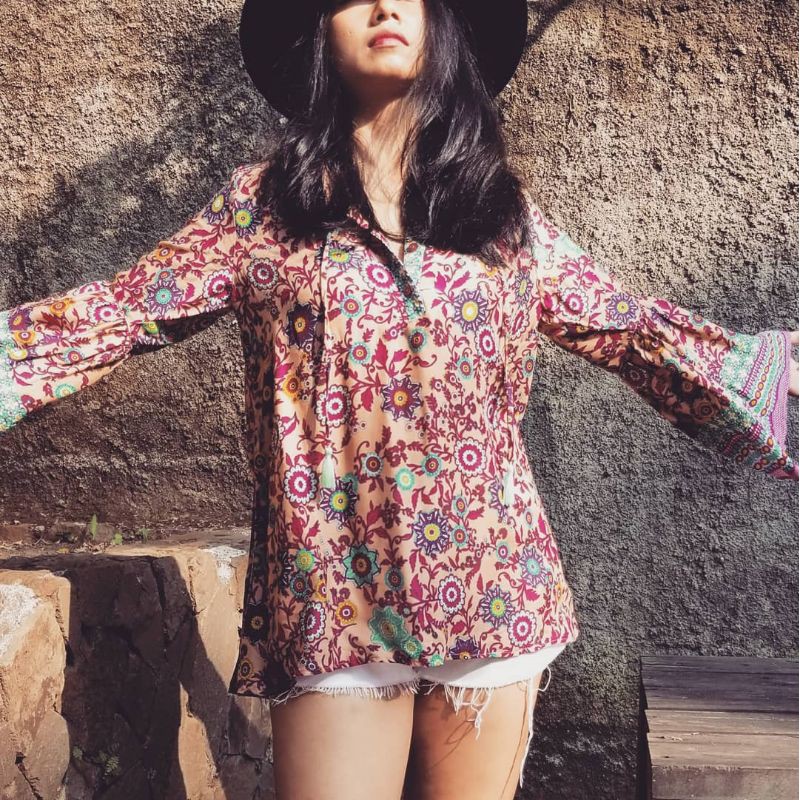 100% rayon Peach Marigold Batik blouse boho chic gypsy Bohemian style