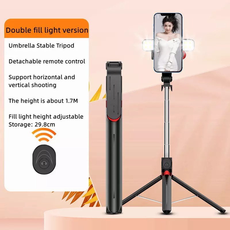 Tongsis Tripod Original P100 1.8 Meter Aluminium Alloy Black plus lighting View 2 LED Bluetooth