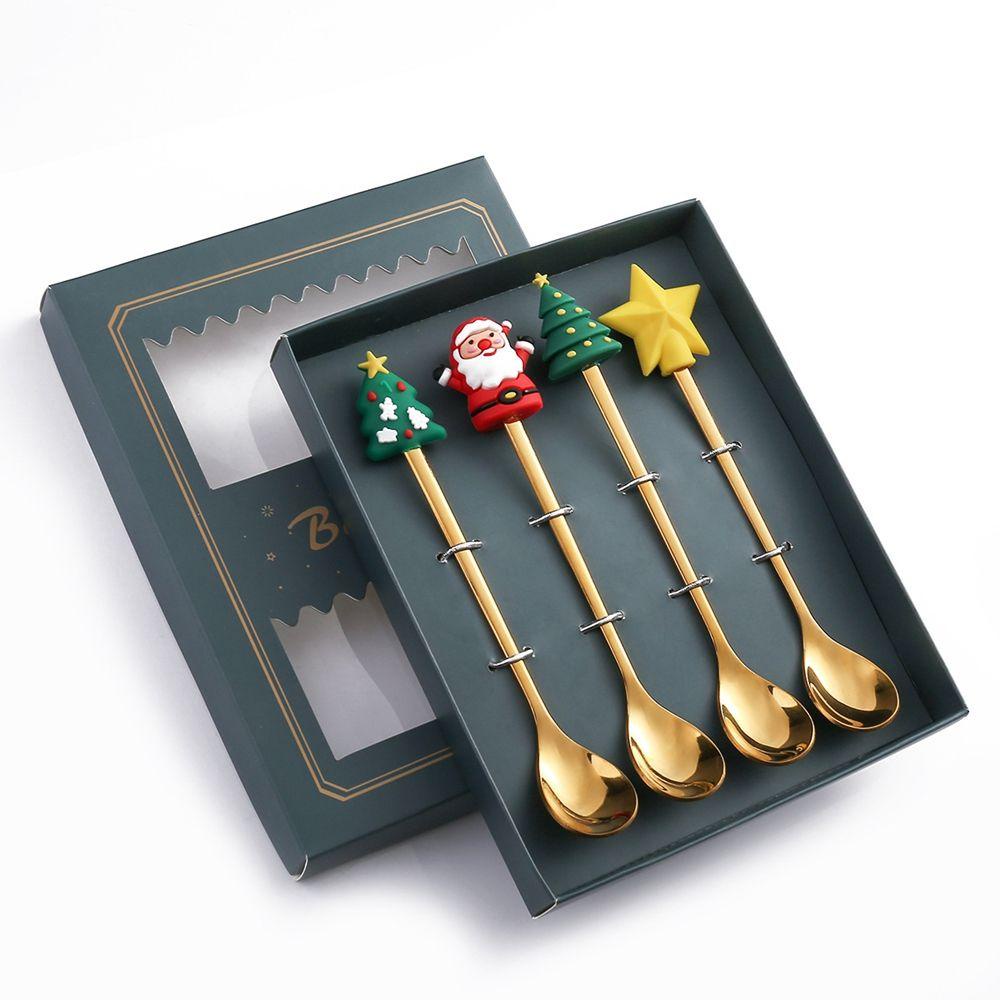 [Elegan] Hadiah Natal Kreatif 4/6pcs Pola Lucu Electroplate Seri Natal Dessert Spoon Sendok Dan Garpu