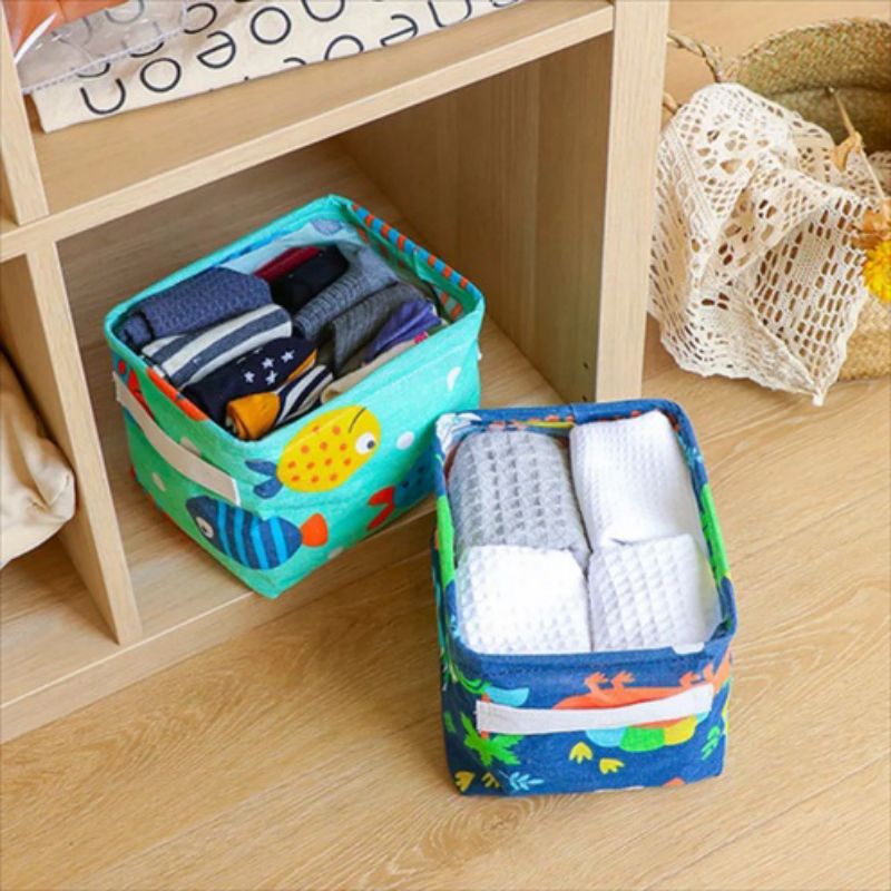 Keranjang Mini Lipat Organizer Tempat Aksesoris Stationery Skincare Kotak Kecil Kanvas Multifungsi Desktop Storage