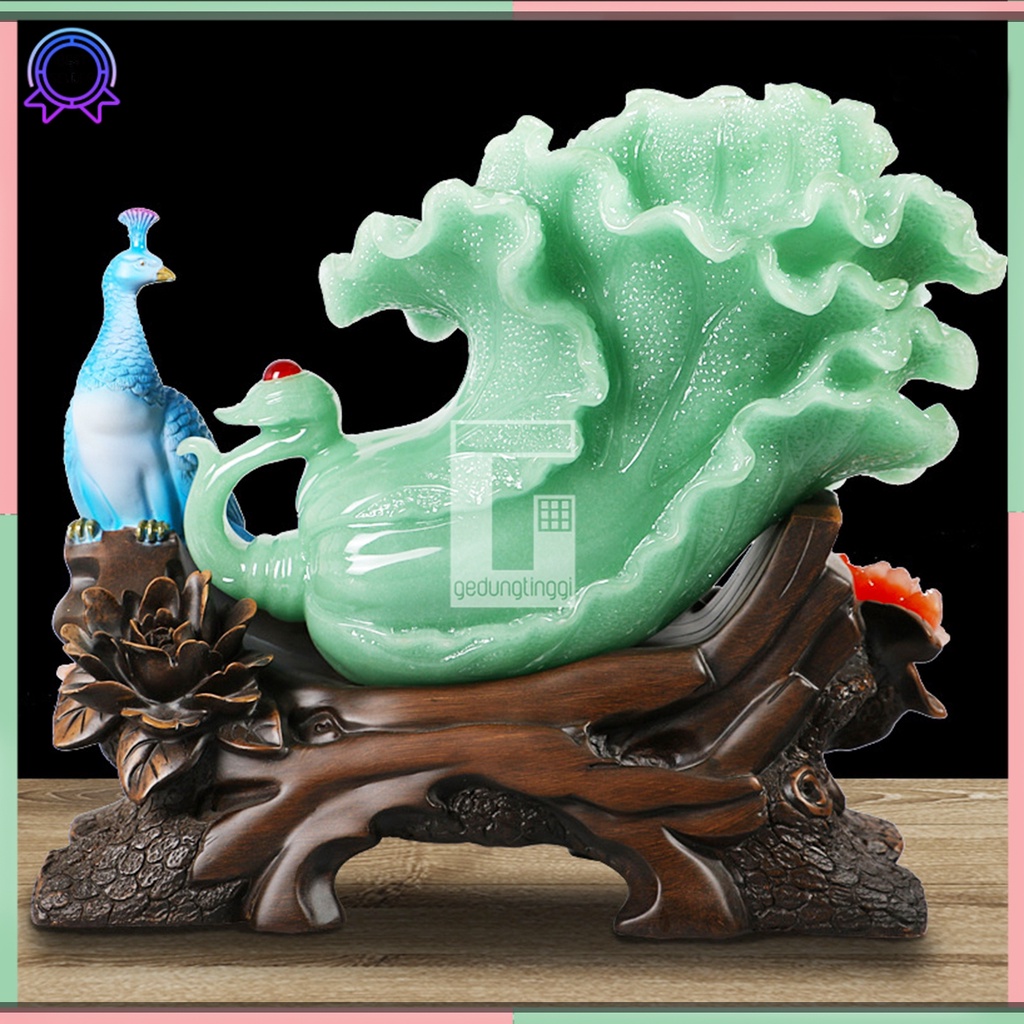 Pajangan Patung Hiasan Hadiah Kado Sawi Putih Bai Cai Bulu Burung Merak Phoenix Bunga Teratai Lotus Meja Kantor Aesthetic Benda Hoki Rejeki Rezeki Fengshui Feng Shui Tree Decoration Pohon Keberuntungan Wedding Happy Anniversary Batu Giok Resin Emas Cina