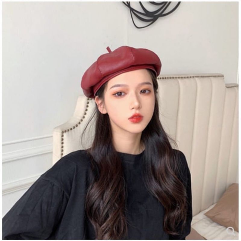 IMPORT WOMAN PU BARET HAT WINTER AUTUMN FASHION CAP TOPI MUSIM DINGIN