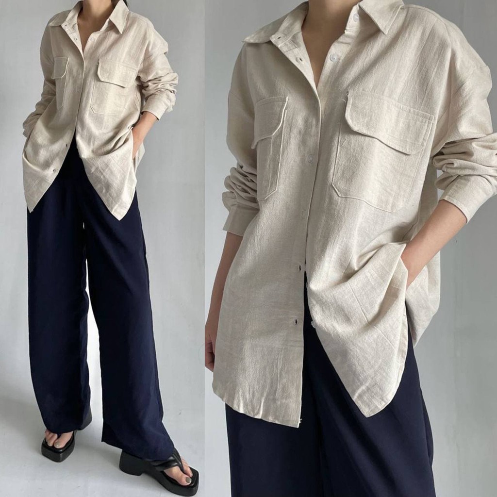 Kemeja Oversize Linen Pocket Outer Wanita - Lengan Panjang/Atasan Wanita Oversize/Kemeja Wanita korea Polos-5