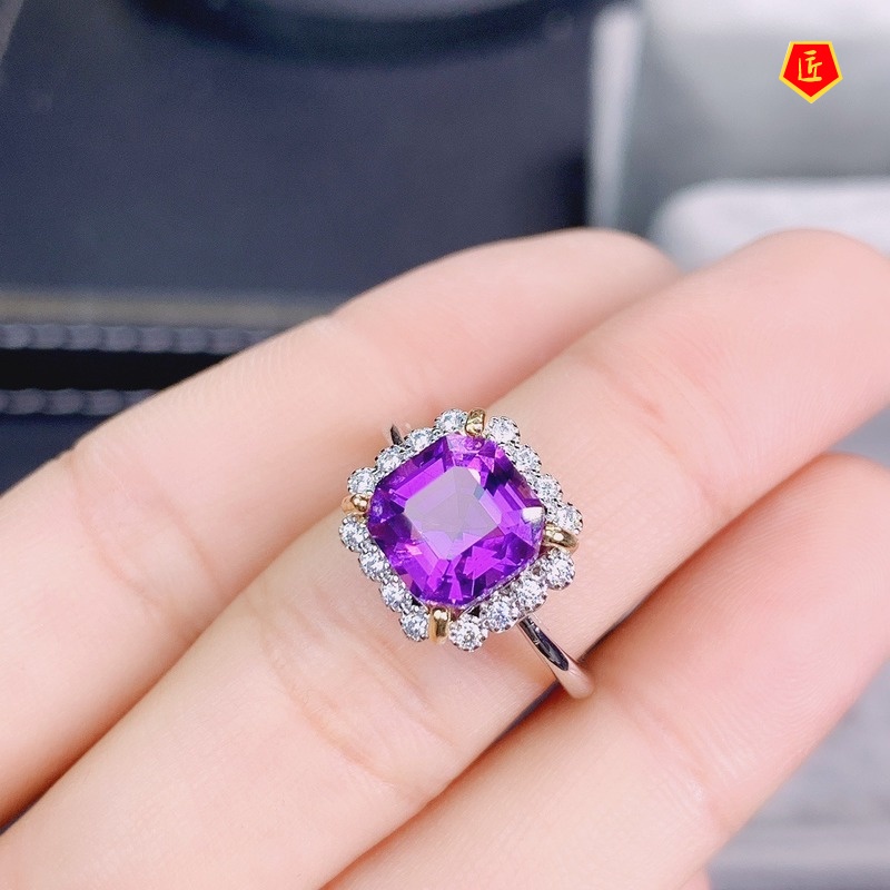 [Ready Stock]Simple Fashion Square Diamond Amethyst Ring for Women