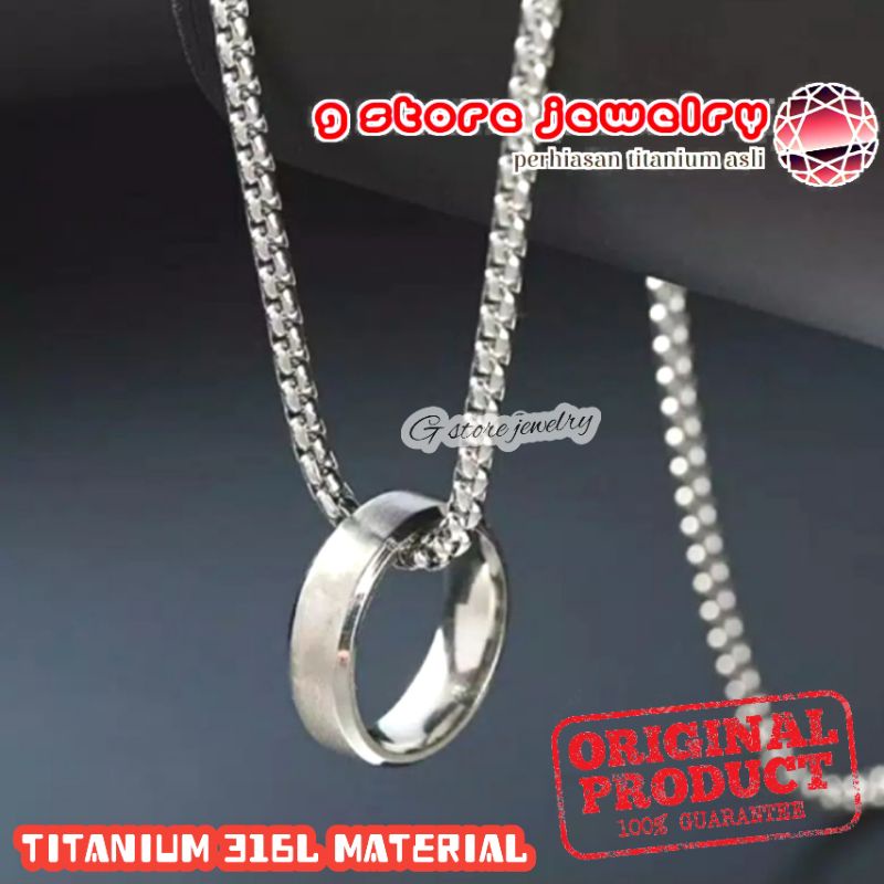 kalung pria wanita cowok cewek keren liontin cincin titanium asli anti karat emas putih silver hitam
