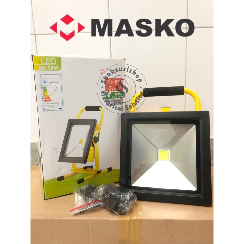 LAMPU LED EMERGENRCY FLOOD LIGHT 50 WATT RECHARGEABLE MASKO PREMIUM