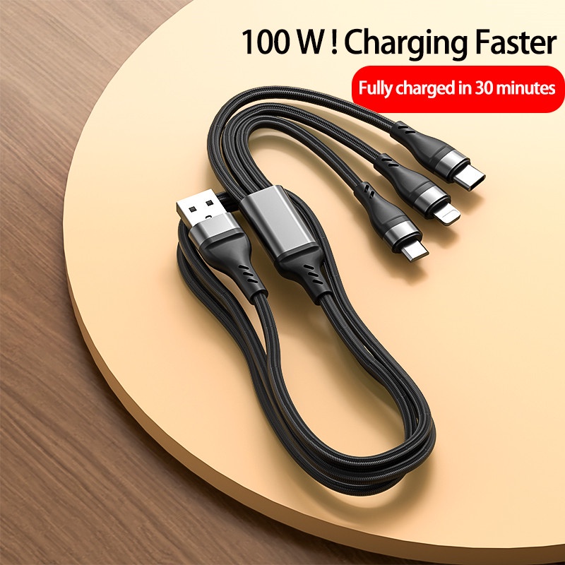 Kabel Charger Micro Usb / Tipe C / Lightning 100W 6A 3 In 1 Untuk Android