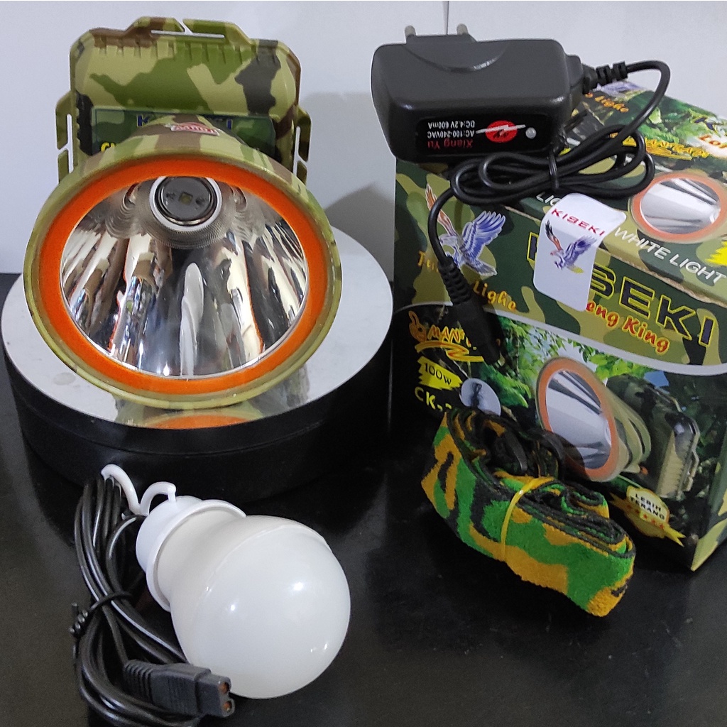 Senter Kepala LED Super Terang Loreng King 100 Watt Kiseki CK-299 Cahaya Putih Senter Kepala Cas