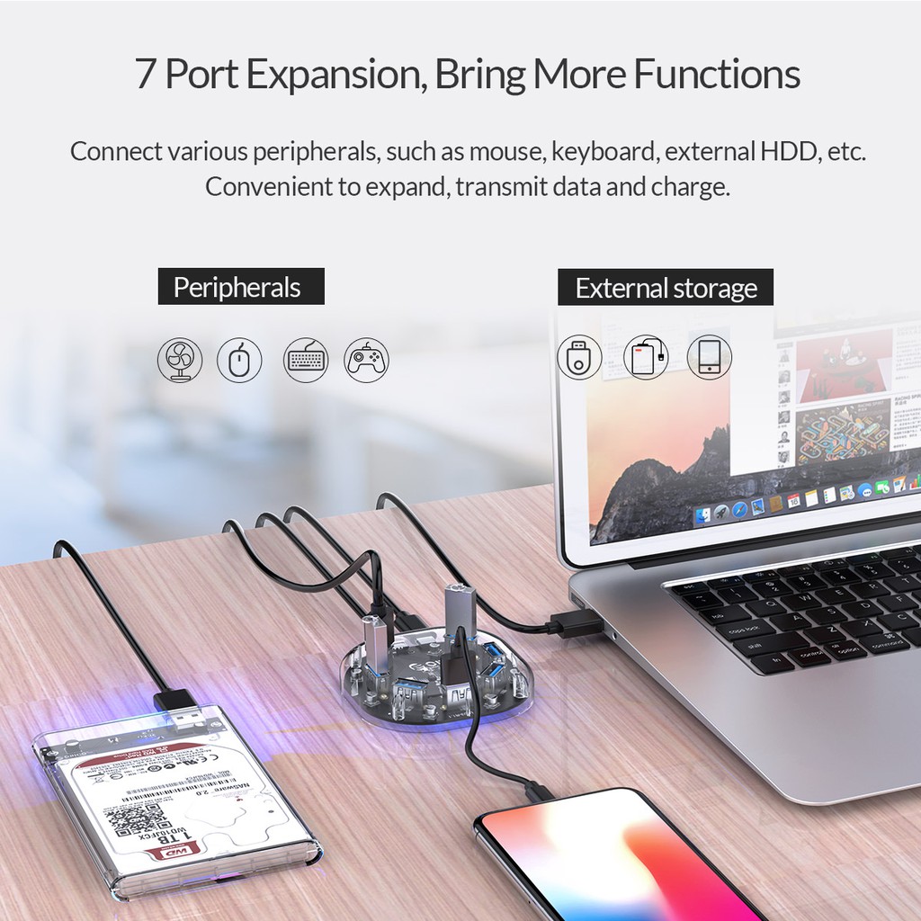 Usb hub 3.0 orico 7 port round transparent 5Gbps 100cm cable H7u-u3 - Terminal usb3.0 7 slot