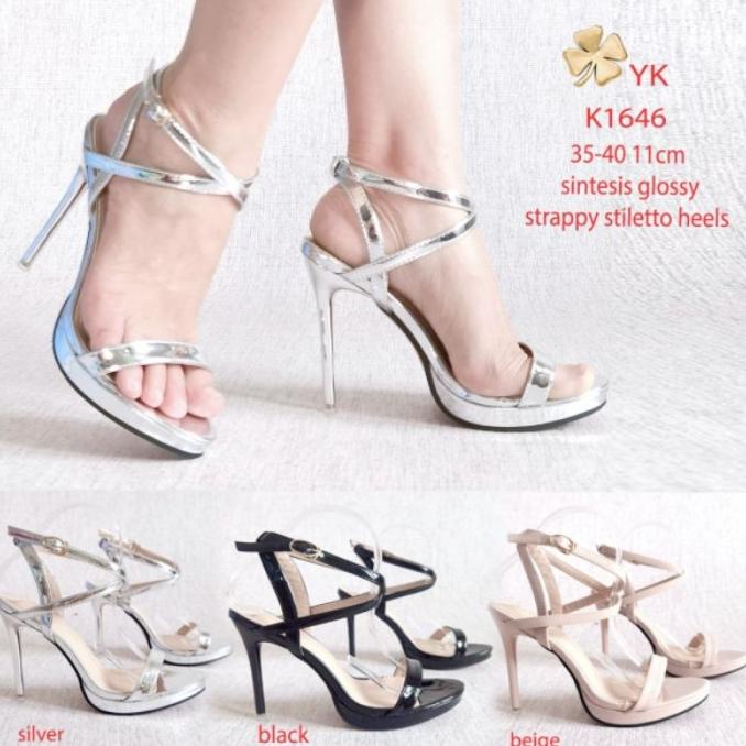 YKshoes 1646 heels 11cm sepatu hak tali silver cream black stiletto Termurah