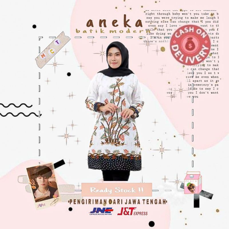 DRESS BATIK WANITA CEWEK TUNIK BATIK MOTIF POHON BAMBU WARNA PUTIH M L XL XXL FORMAL KERJA KANTOR