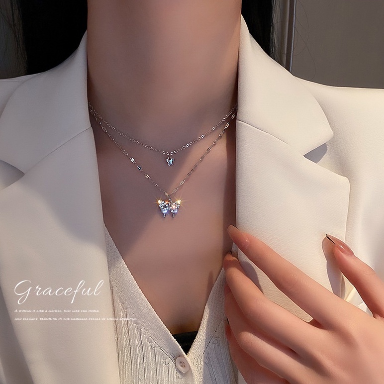 Kalung Rantai Layer Silver / Kalung Hijab/ Kalung Hijabers Gaya Korea Desain Liontin Kupu Kupu Untuk