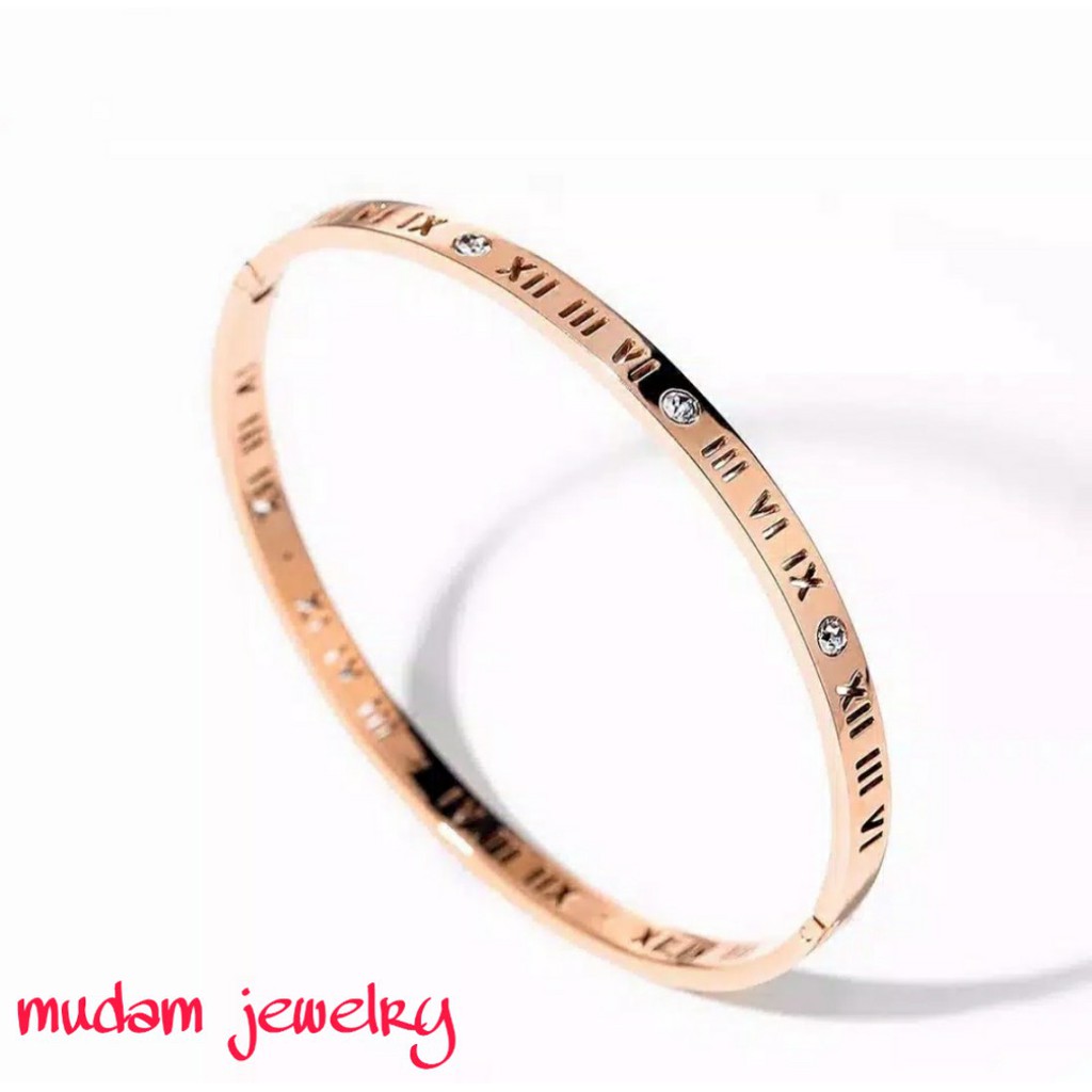 Gelang Titanium Roman Numeric Micro Kristal Rose Gold, Gold dan Silver