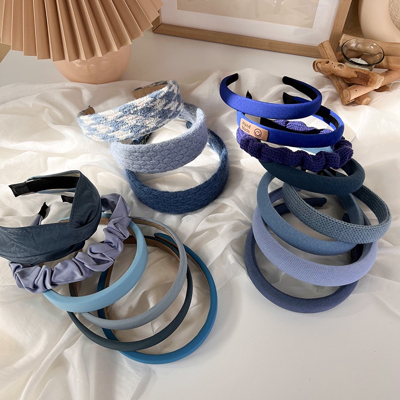 BANDO VARIASI BIRU 01 BANDANA BLUE COLLECTION HEADBAND HAIR BAND KOREA PADDED BENDO MOTIF GARIS BUNGA BULU LEMBUT LEBAR WIDE