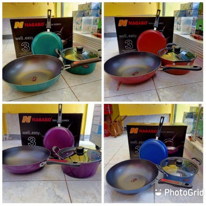 Nagako Panci Teflon Series Set 3 Pcs Frypan Wajan Wok Anti Lengket