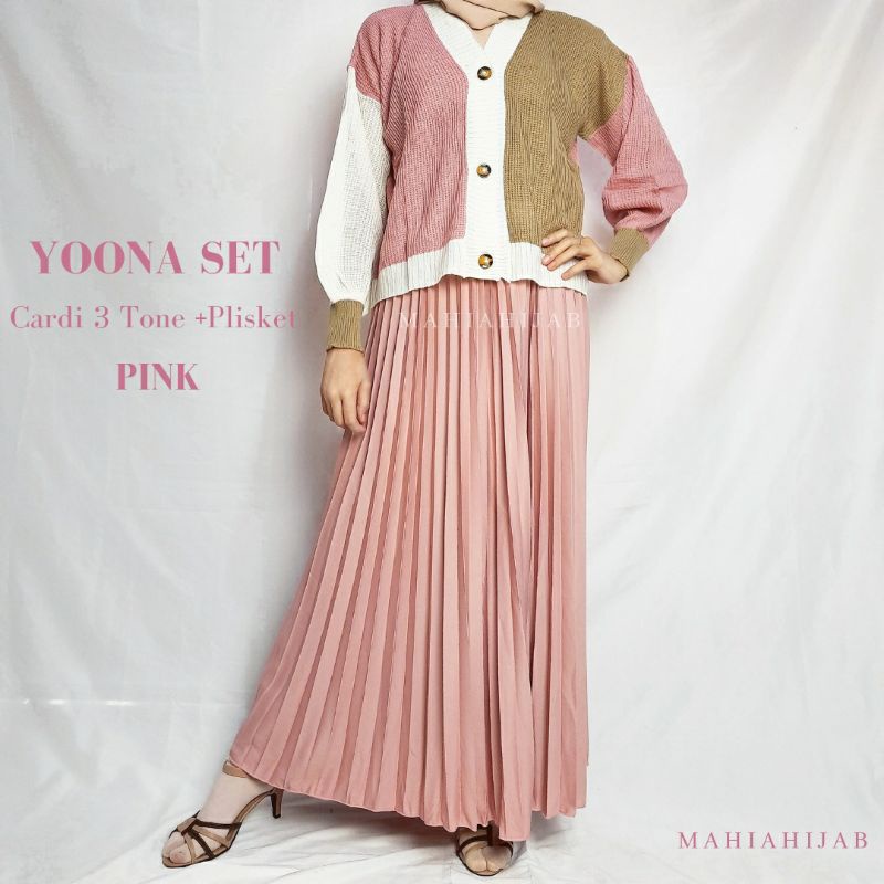 Yoona Set Cardi 3tone + Rok plisket premium,KOREAN STYLE,daily outfit , OUTFIT RAJUT ,  SETELAN LENGKAP , by Mahiahijab