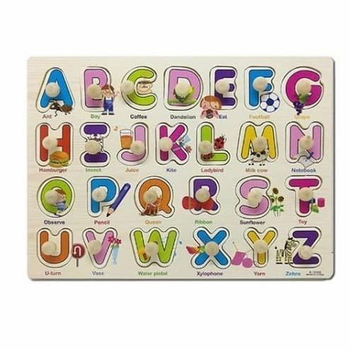 Puzzle Huruf Kayu Knob Puzzle Angka Kayu Wooden Puzzle Abjad Kayu Anak - HURUF A-Z