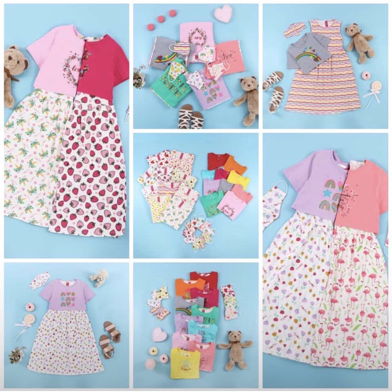 FK Set Long Dress Free Masker longdress flower kids set masker anak earloop