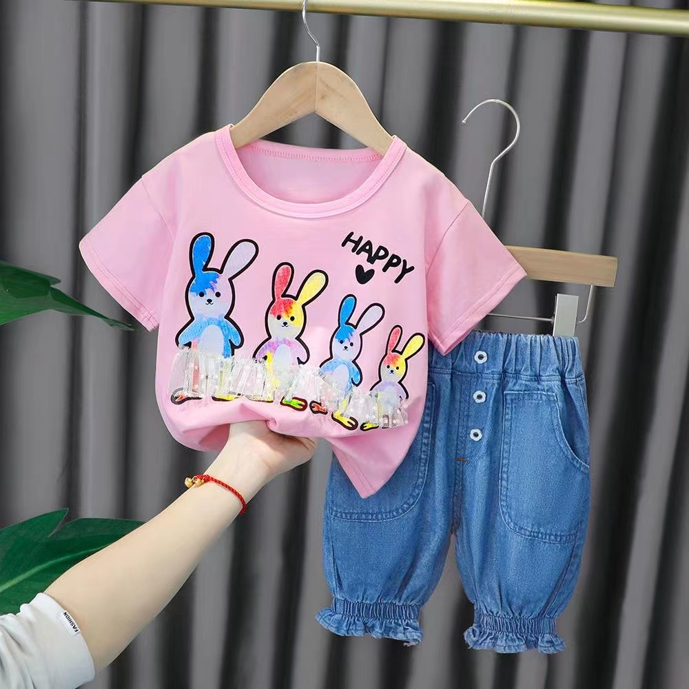 KF CAT Setelan Anak Perempuan Fashion Casual Kaos Rabbit Renda Lengan Pendek + Celana Bawah Karet Style Ala Korea Import Untuk Umur 6 Bulan-4Tahun