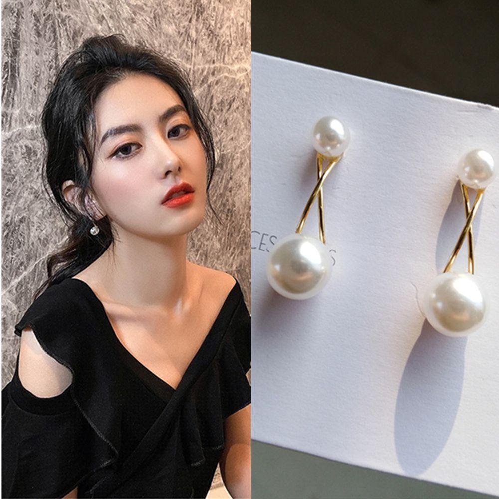 Anting LILY Garis Salib Pribadi Elegan Mutiara Imitasi Geometris