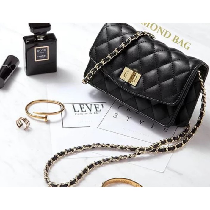 Tas Selempang LEVEL DIAMOND Sling Bag Wanita Style Motif Quilted Jait-jait Gold Termurah Berkualitas