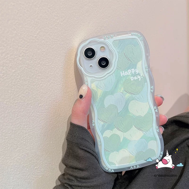 Soft Case TPU Motif Lukisan Minyak Hati Hijau Untuk iPhone 13 11 12 Pro MAX XR X XS MAX 6 6s 7 8 Plus SE 2020