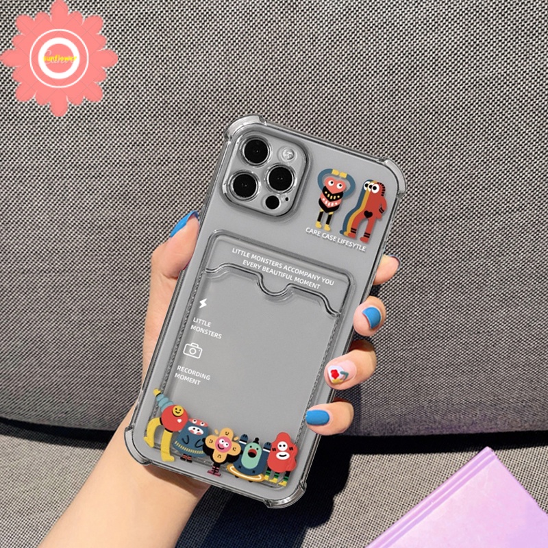 Soft Case Tpu Transparan Shockproof Motif Monster Kecil Holder Kartu Untuk Iphone 7 8 Plus 6 6s 11 12 13 Pro Max Xr X Se 2020 Xs Max