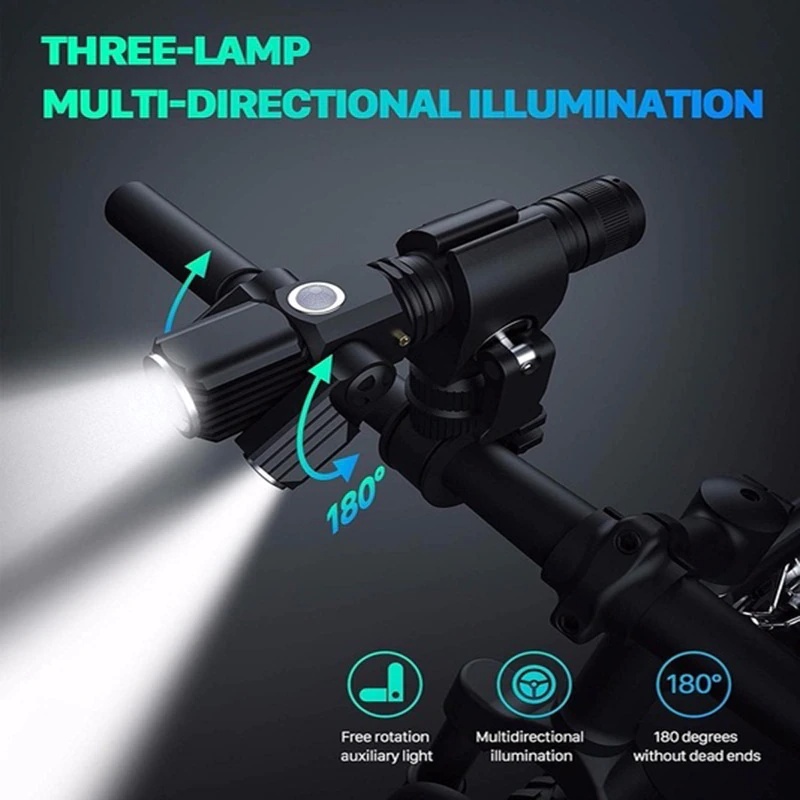 YGRETTE - BICYCLE FLASHLIGHT TaffLED Senter LED Rotating Zoom Cree XM-L T6 + 2 x XPE 15000 Lumens LAMPU SEPEDA DEPAN BELAKANG