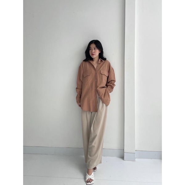 SIVALI Kemeja Oversize Linen Wanita Double Pocket | Linen Shirt - Atasan Lengan Panjang 3304