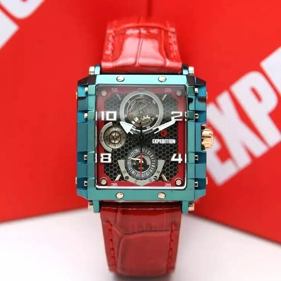 READY EXPEDITION E6757 E 6757 GREEN RED LEATHER STRAP JAM WANITA ORIGINA TERBARU