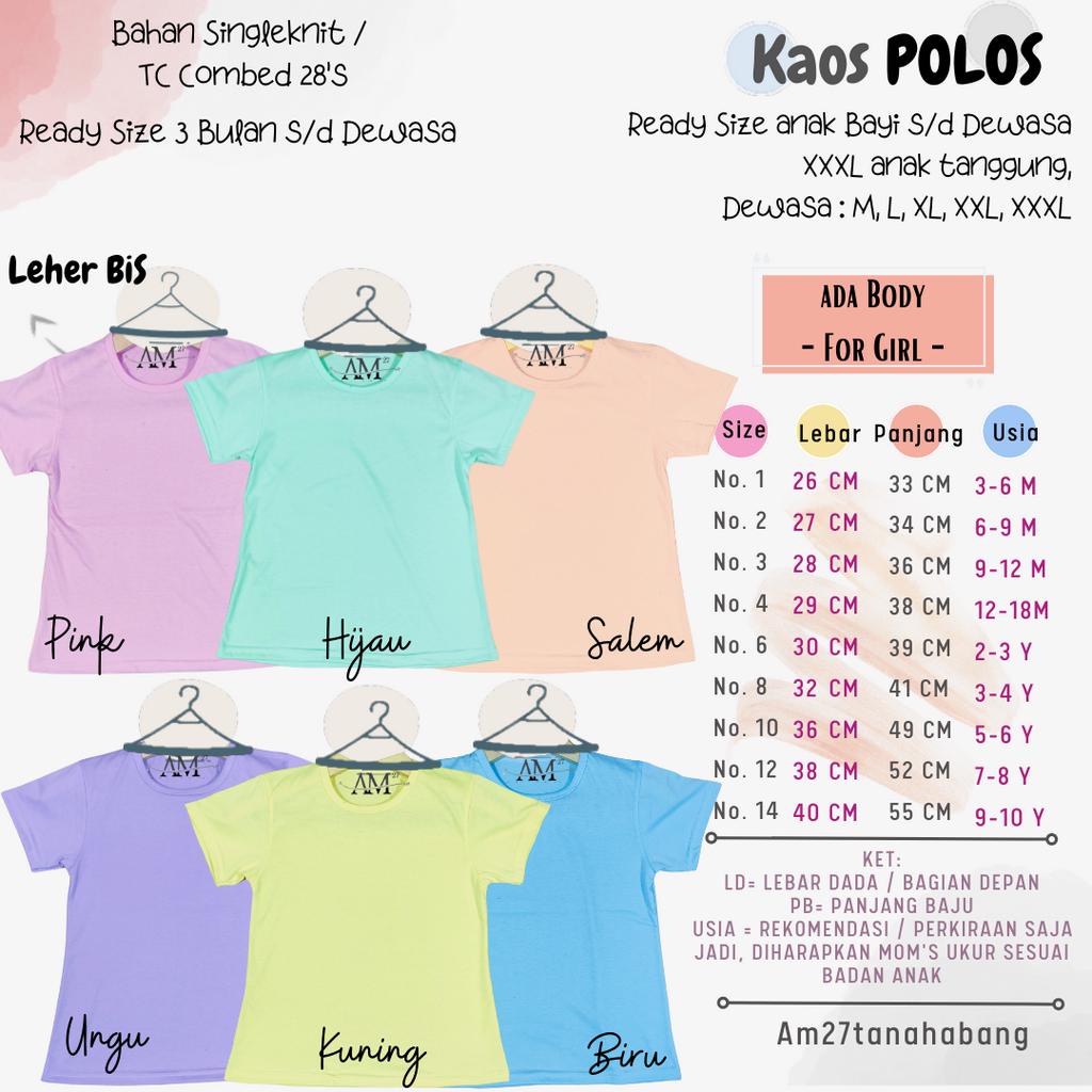 Baju Kaos Cewek Bayi 3 bulan - Anak 10 tahun POLOS - Body Cewek 003