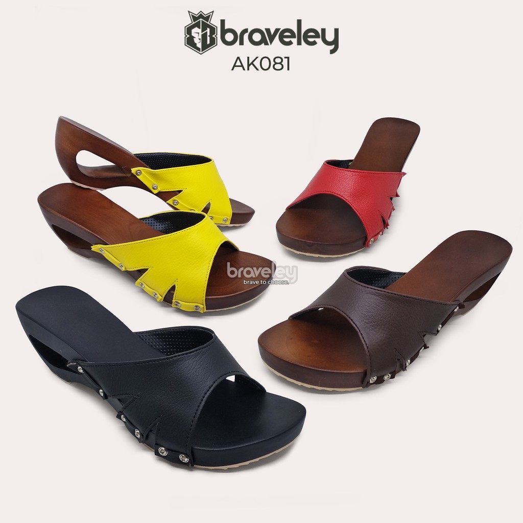 SENDAL KAYU KELOM GEULIS SELOP WEDGES SANDAL MULES WANITA BRAVELEY AK081