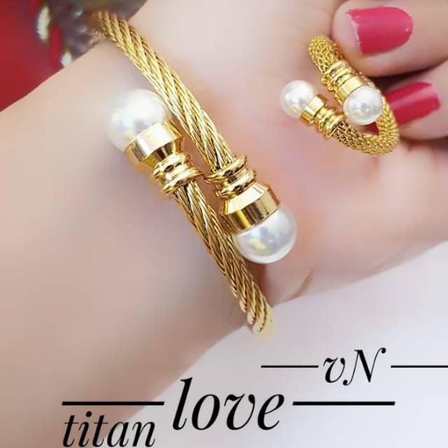 Gelang plus cincin ulir titanium lapis emas 24k terlaris