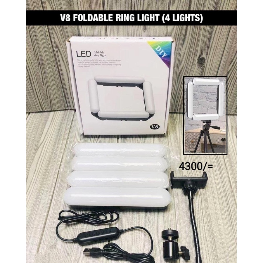 V8 - SEGIEMPAT LED / 4 LAMPU Foldable Selfie Make Up Ring Light 12in